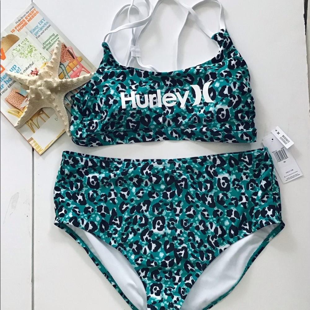 HP🎉 Hurley green, black and white animal print two piece bathing suit NWT - Picture 10 of 16